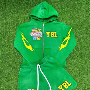 Conjunto de Sudadera con Capucha y Pantalones Deportivos para Hombre, Personalizado con Pedrería, Oversize, Corto, Lavado Ácido, con Cremallera, Desgastado y Estilo Vintage - Product Image 1