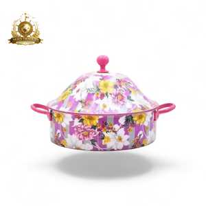 Colorful Floral Cooking Pot With Lid White Background Multicolored Flower Pattern Dark Green Handles Premium Kitchenware - Product Image 2