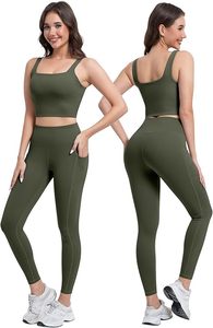 Olive Green 2 Piece Yoga <b>Set</b> <b>Square</b> Neck Crop Top High Waist Leggings Seamless With Pockets Full Length Activewear - Product Image 2