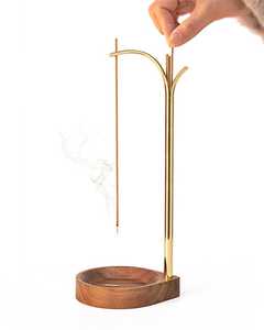 Porte-encens en laiton avec base en bois, brûleur d'encens en bâtonnets, diffuseur d'aromathérapie, support pour toutes les saisons, décoration de table, bureau, maison - Product Image 1