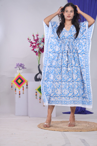 Blue Floral Block Print 100% Cotton Eco-Friendly <b>Kaftan</b> Dress Women's V-Neck Batwing Sleeve Knee-Length Loose Fit Formal - Product Image 2