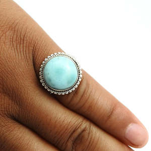 Vente flash - Anneaux tendance en argent sterling 925 avec pierre précieuse Larimar naturelle, coupe ronde vintage, anneaux bohèmes unisexes - Product Image 2
