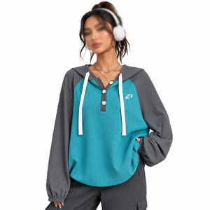 Wholesale Women's Waffle Knit Hoodies Color <b>Block</b> Henley Pullover Raglan Sleeve Button Placket Autumn Wear Private Label - Product Image 1