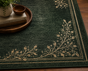 Tapis d'intérieur vintage à poils plats, motif feuille, en laine/soie, fabriqué à la machine, tufté à la main, avec bordure verte, antidérapant en latex, pour chambre et salon - Product Image 3
