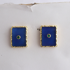 Trendy blue jade rectangle <b>stud</b> earrings with <b>emerald</b> cubic zirconia inlay gold plated textured brass statement jewelry for Gift - Product Image 3