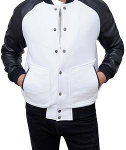Veste universitaire sur mesure de haute qualité pour hommes, en laine, broderie chenille, style baseball, couleur blanc et noir. - Product Image 1