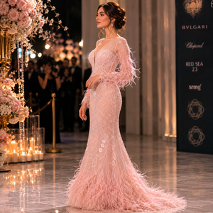 Vestido de Noche de Lujo Color Rosa Rubor con Plumas de Sirena para Mujer |   Vestido de Fiesta Bordado de Diseñador |   Vestidos Elegantes para Bodas y Recepciones - Product Image 4