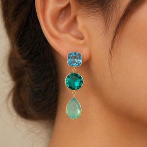 Boucles d'oreilles pendantes de luxe plaquées or 18 carats avec cristaux bleus taille coussin, ovales verts et strass en forme de goutte pour femme, bijoux de soirée - Product Image 3