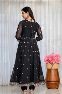 Conjunto de Salwar Kameez Anarkali Tradicional de Georgette Negro Bordado para Mujer, Traje Étnico Pakistaní para Diwali, Bodas y Fiestas de Bollywood - Product Image 3