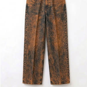 Vaqueros de mezclilla personalizados con parche de cuero y logo, de pierna ancha, estilo raw denim, para hombre, holgados, estilo skate, hip hop, de alta calidad, con lavado ácido. - Product Image 5