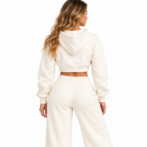 Custom <b>Cropped</b> <b>Zip</b>-<b>Up</b> <b>Hoodie</b> & Flared Sweatpants Women's Two-Piece Set Winter Vintage Streetwear 100% Cotton - Product Image 2