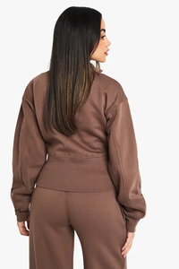 Women Brown <b>Zip</b>-<b>Up</b> Hoodie Full Sleeve Solid Knitted Stand Collar Short Length Autumn Wear - Product Image 2
