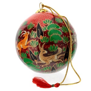 Hand Painted Paper Mache <b>Christmas</b> Ball Ornament Traditional Design <b>Red</b> <b>Green</b> Color Floral Pattern Hanging <b>Decorative</b> Sphere - Product Image 1