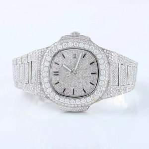 Montre mécanique à cadran glacé, lunette sertie de diamants, boîtier carré, affichage de la date, bracelet, montre-bracelet pour cadeau de luxe - Product Image 1