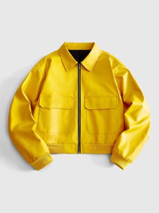 เสื้อแจ็คเก็ตบอมเบอร์ PU สีเหลืองสำหรับผู้ชาย สไตล์ชุดทำงาน ปกคอพับ ปิดด้วยซิป มีกระเป๋า ทรงปกติ ใส่สบาย เหมือนเสื้อแจ็คเก็ตหนังสำหรับผู้ชาย - Product Image 1