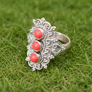 Anillo de Coral Natural con Filigrana de Plata de Ley 925, Anillo Hecho a Mano, Joyería de Diseño Étnico Vintage para Mujer - Product Image 6