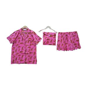 Conjunto de Pijama de Lujo Elegante y Suave de Algodón Orgánico Puro y Transpirable para Mujer, Estampado Ikat, Manga Corta, Cintura Elástica, para Descansar en Verano - Product Image 1