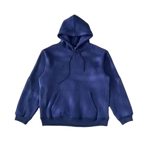 Black Heavyweight Cotton Fleece Hooded Pullover Sweatshirt with Contrast Sleeve Trim Front <b>Pocket</b> for Winter - Product Image 2