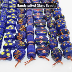 Chaîne de perles en verre javanais bleues de différents styles, 8 pouces |   Perles artisanales multi-designs pour bracelets, colliers et accessoires de bricolage - Product Image 2