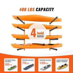 Moderno Porta Kayak da Parete a 4 Posti, Supporti Regolabili per Canoe e Paddle Board, Ganci per Stoccaggio Kayak a Muro - Product Image 2