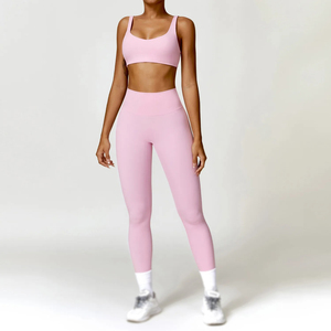 Pink 2-Piece Yoga Set Square Neck Long Sleeve <b>Crop</b> <b>Top</b> High Waist Leggings Seamless Activewear Full Length Solid Color - Product Image 2