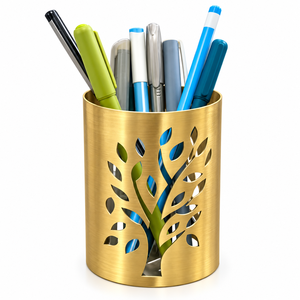 Porte-stylo en métal argenté, motif feuille d'arbre ajouré, organiseur de crayons, rangement de bureau moderne - Product Image 4