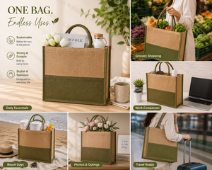 Custom Dual Color Jute Tote Bag Eco Friendly Reusable Beach Wedding Shopping Grocery Carry Cotton Handle Laminated <b>Handbag</b> - Product Image 5