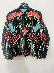 <b>Women</b>’s Traditional Suzani Embroidered <b>Velvet</b> <b>Jacket</b> Multicolor Floral Pattern With Stand Collar Long Sleeves Boho Winter Coat - Product Image 6