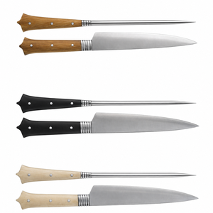 Juego de Seis Cuchillos para Trinchar y Afilador con Hojas Plateadas y Mangos Negros, Marrones y Naturales para Preparación de Carne - Product Image 3