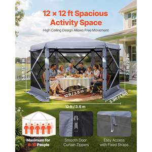 <b>Large</b> 12x12ft Gray Pop-up Gazebo Screen <b>Tent</b> 6-Sided Bite-Proof Sun Shelter 8-10 Persons Removable Top Carry Bag Camping - Product Image 2