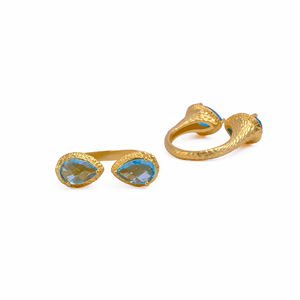 El Joyero Bague Art Déco en Topaze Bleue, double taille poire, plaqué or 18 carats, réglable, pierre de naissance de décembre, cadeau - Product Image 2