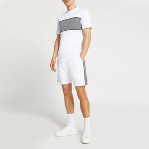 Men White Cotton T-Shirt With Geometric Print Crew Neck Casual Summer Short Sleeve Top Set - Product Image 3
