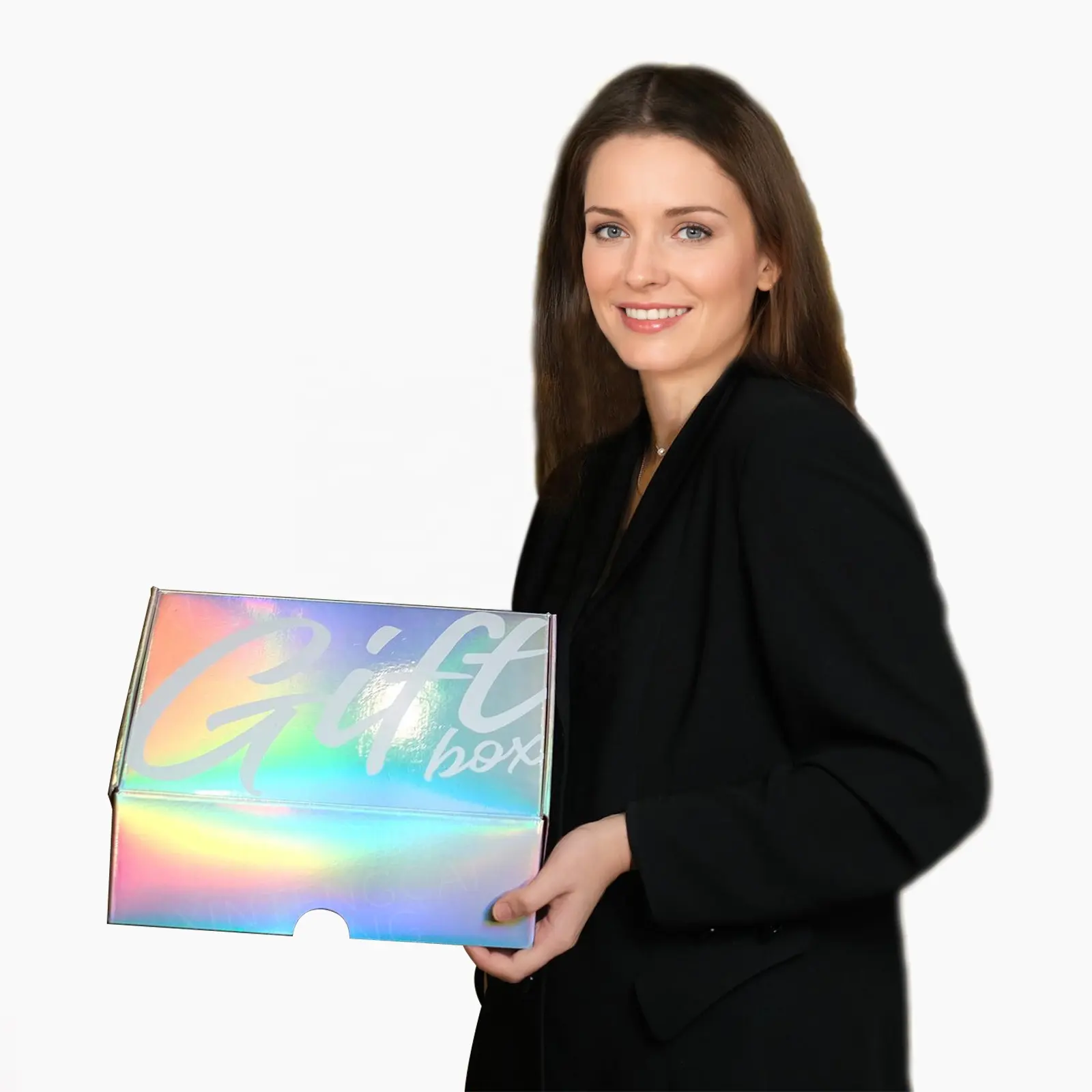 Caixa de papel holográfica e iridescente, caixa de papel brilhante, logotipo personalizado impresso cor do laser do arco-íris embalagem para presente
