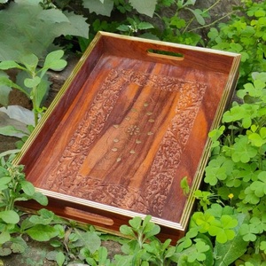 Hand Carved Wooden Serving <b>Tray</b> <b>with</b> <b>Handles</b> Sheesham Wood <b>Tea</b> <b>Tray</b> Decorative Coffee Table <b>Tray</b>, Wedding Gift Housewarming Gift - Product Image 3