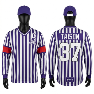Jersey de Árbitro de Hockey sobre Hielo para Hombre, 180 GSM, Poliéster Premium, Diseño a Rayas Morado y Blanco, Manga Larga, Logotipo Personalizado - Product Image 1