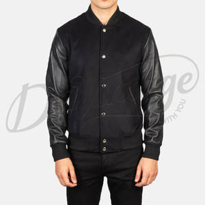 Chaqueta Bomber Varsity de Lana Negra para Hombre con Mangas de Cuero Genuino, Estilo Clásico Letterman, Corte Ajustado, Ropa Exterior de Béisbol - Product Image 3