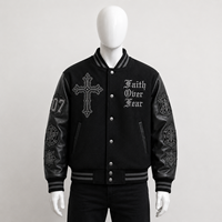 Blouson Bomber Gothique Fin pour Homme en Laine Noire avec Broderie Croix Faith Fear, Col Rond, Vêtement d'Hiver