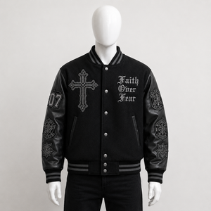 Men's <b>Gothic</b> Varsity <b>Jacket</b> Black PU Leather Embroidered Cross Faith Over Fear Patch Design Turn-down Collar Autumn Wear - Product Image 1