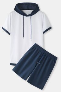 Men Unisex Short Sleeve <b>Hoodie</b> Set 100% Cotton Contrast Trim Pullover Tracksuit Custom Logo Casual <b>Summer</b> Wear - Product Image 2