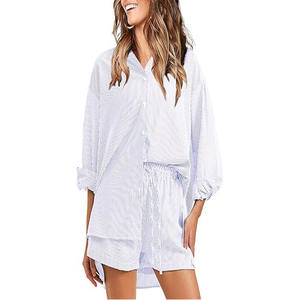 Ensembles 2 pièces pour femmes, chemises à manches longues boutonnées, ensembles courts assortis, tenues de plage, de vacances, de croisière - Product Image 1