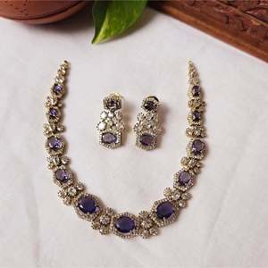 Purple Victorian Diamond Jewelry Set-Gold Plated Water Drop Designer Bridal Earring Set - Product Image 1