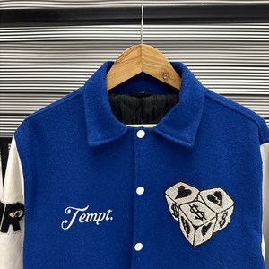 Varsity <b>Jacket</b> <b>Men</b> Blue <b>White</b> Embroidered Stars Patch Design Preppy Style Autumn Outerwear Single Breasted - Product Image 4