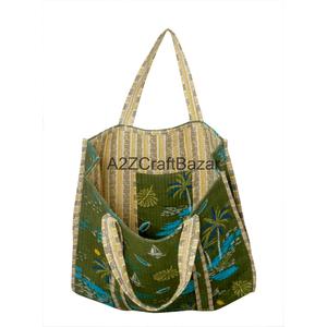 Eco-Friendly Women's Hand-Block Striped Cotton Quilted Tote <b>Bag</b> <b>Long</b> Handle Bohemian Style Everyday Shopping Exhibition - Product Image 3