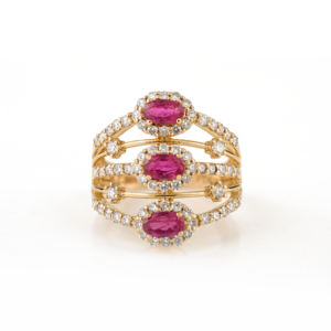 Bague Statement Multicouche en Or Jaune Véritable 14K avec Rubis et Diamants, Design Unique Pierre de Naissance de Juillet, pour Femme, Bijoux de Mariage en Gros - Product Image 1