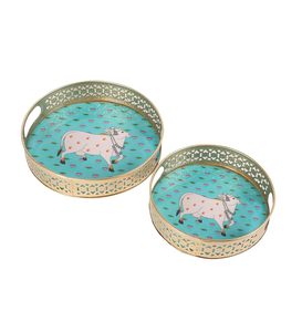 Bandeja de Servicio Tradicional India con Arte Pichwai de la Sagrada Vaca Divina Gau Mata - Product Image 3