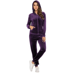 Ensemble de survêtement en velours violet pour femmes, à capuche, manches longues, couleur unie, tenue de jogging décontractée avec poches latérales et cordon de serrage - Product Image 3