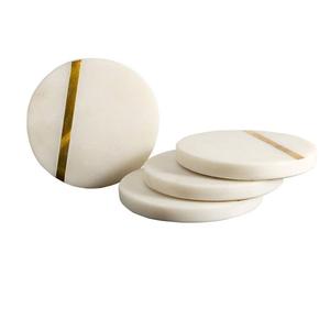 Handcrafted Modern <b>Coasters</b> Set of 4 Natural Real White Marble <b>Coasters</b> for Beverage with <b>Gold</b> Brass Inlay - Product Image 1