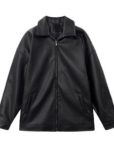 Blouson aviateur en cuir véritable noir pour homme MANWA, col rabattu, fermeture éclair, imperméable, couleur unie, longueur normale - Product Image 1