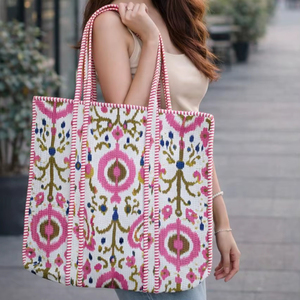 Stylish Women's Tote <b>Bag</b> Large Floral Print Blue Quilted Open Closure Made Indian Cotton Washable <b>for</b> Daily Shopping Travel - Product Image 1