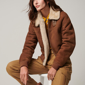 Women's Brown <b>Suede</b> Moto <b>Jacket</b> Turn-down Collar Full Sleeve Zip Closure Autumn Style Sample Service Available - Product Image 2